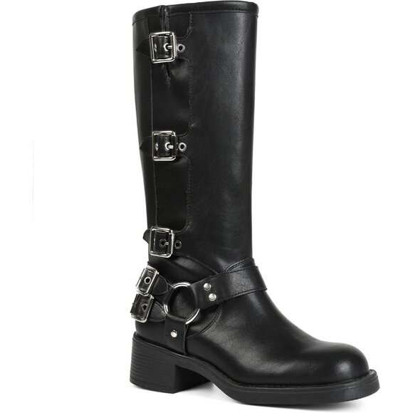 Women's Black AMINUGAL Knee High Boots Square Toe Wide Calf Chunky Heel